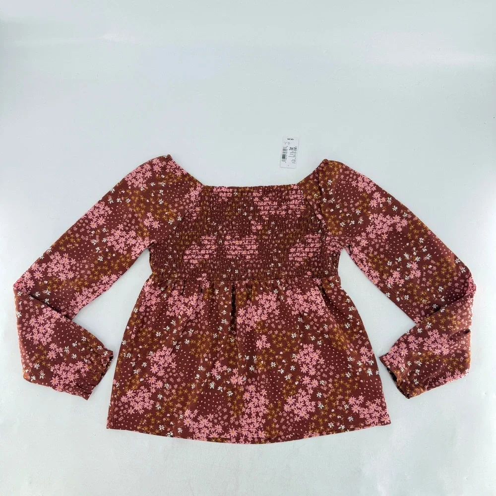 Children's Place Girls Brown Floral Smocked Square Neck Long Slv‎ Peasant Top XL